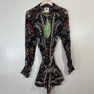 Farm Rio Women's XS Classic Garden Black Long Sleeve Belted Mini Dress NEW